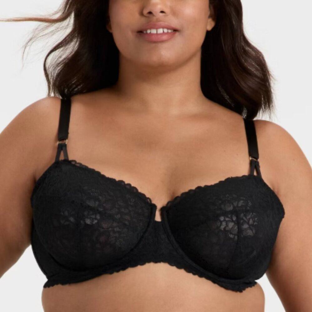 NWT Black Lace Balconette Bra 42DD Underwire Unlined Auden Plus Size